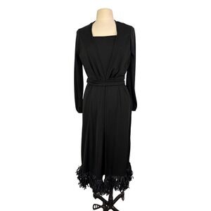 Ingrid Cado Black Long Sleeve Fringe Hem Midi Dress Vintage Style 38 bust, M